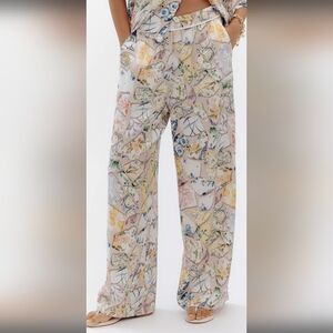 Maeve Anthropologie Low Slung Printed Wide Leg Trousers In Neutral Motif Size XL